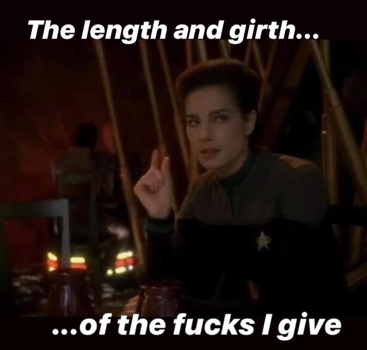 This meme is an image of a character from a TV show, likely a sci-fi or fantasy series, with a raised eyebrow and a sarcastic expression. The text overlaid on the image reads: "The length and girth... of the f**ks I give." The image is likely a humorous or ironic take on a common phrase, exaggerating the idea of giving "f**ks" as a way to express disinterest or apathy.
